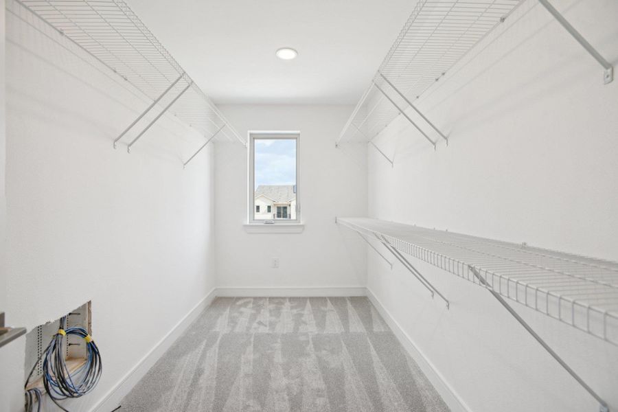 Walk in closet featuring light carpet