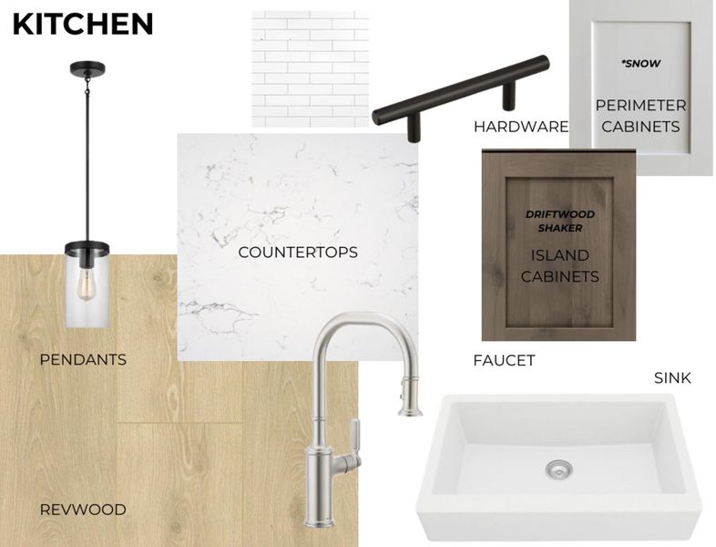 Kitchen Design Board. Presenting material and finish selections for the property's kitchen area