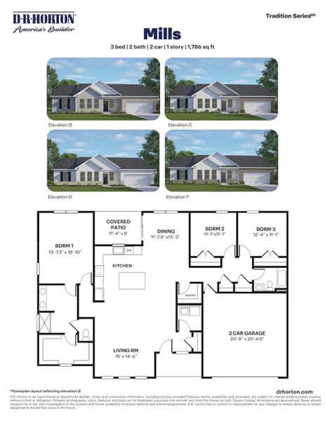2D floor plan layout for the Mills by D.R. Horton in Beaver Dam Crossing, Bailey, NC (Image 3).