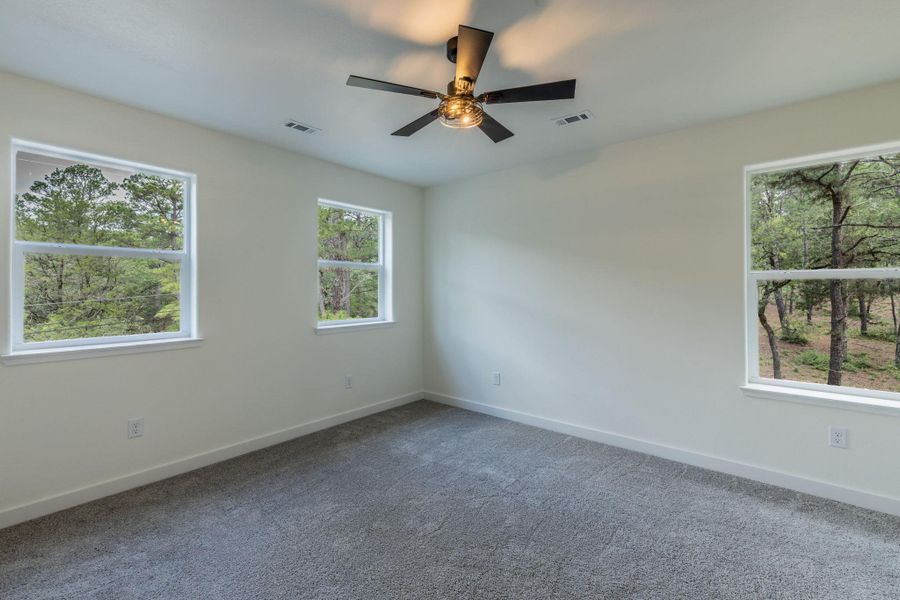 Carpeted room featuring multiple windows, a ceiling fan with integrated lighting, and neutral wall paint Carpeted room featuring multiple windows, a ceiling fan with integrated lighting, and neutral wall paint
