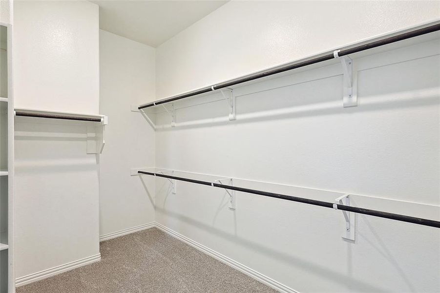 Walk in closet with light colored carpet