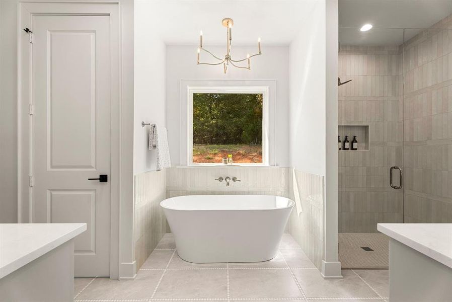 Full bath with vanity, a stall shower, a freestanding tub, a wainscoted wall, and tile walls
