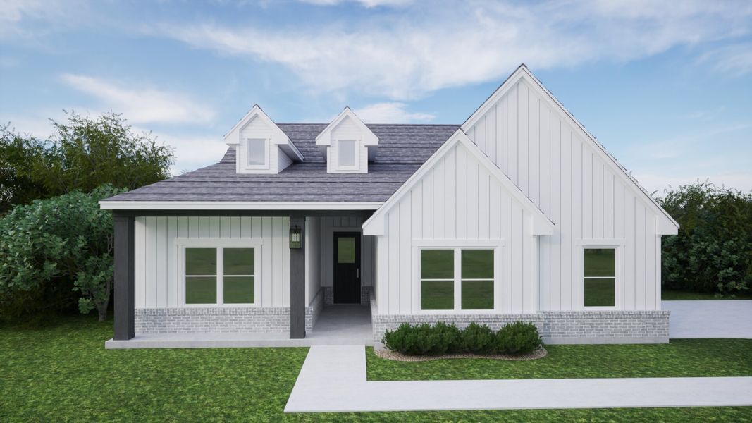 Front exterior of a new home in Stagecoach Crossing, Bridgeport, TX, highlighting curb appeal (Image 1).