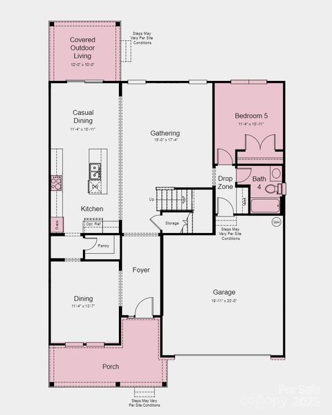 First Floor Plan - Structural options include: bedroom and bathroom downstairs, shower at bath 2, owner's bath configuration 2, covered outdoor living, and windows at upstairs loft