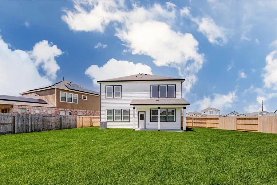 Expansive backyard view showcasing the home’s large fenced outdoor space, covered rear patio, and clean rear elevation. The generous lawn offers plenty of room for entertaining, play, pets, gardening, or future outdoor enhancements. Multiple rear windows bring natural light into the home, while the covered patio creates a shaded spot for relaxing or enjoying the backyard. Expansive backyard view showcasing the home’s large fenced outdoor space, covered rear patio, and clean rear elevation. The generous lawn offers plenty of room for entertaining, play, pets, gardening, or future outdoor enhancements. Multiple rear windows bring natural light into the home, while the covered patio creates a shaded spot for relaxing or enjoying the backyard.