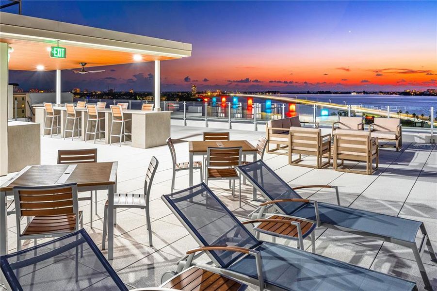 Shared resident balcony on the rooftop with views looking west over Sarasota Bay and the Gulf of Mexico.