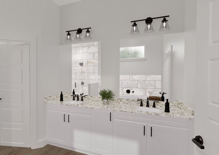 Bright bathroom with a double vanity featuring granite countertops, black fixtures, and two mirrors. Modern lighting above mirrors and a small potted plant for decor.