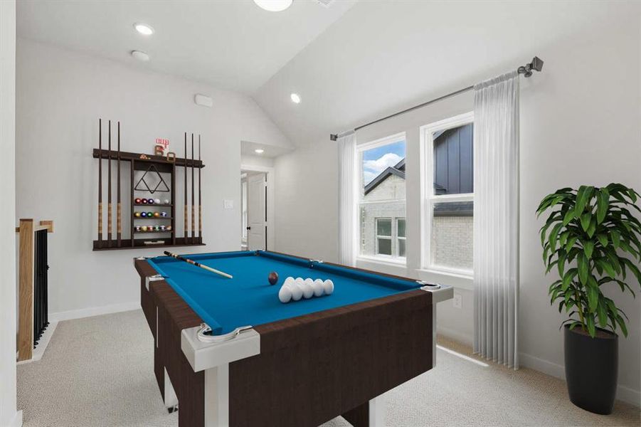 Game room with light colored carpet, lofted ceiling, billiards table, and recessed lighting