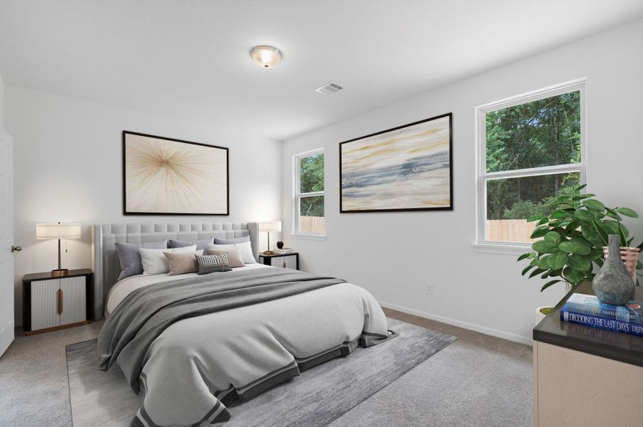 The primary bedroom is generously sized, creating a tranquil and spacious retreat that offers ample room for relaxation. Featuring plush carpet, high ceilings, fresh paint, and large windows that lets in natural lighting throughout the day. The primary bedroom is generously sized, creating a tranquil and spacious retreat that offers ample room for relaxation. Featuring plush carpet, high ceilings, fresh paint, and large windows that lets in natural lighting throughout the day.