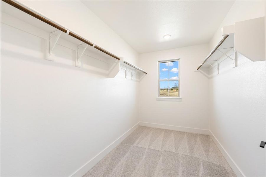 Walk in closet with light carpet