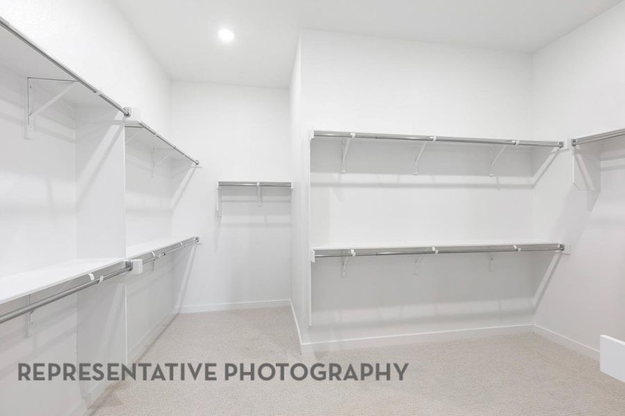 Walk in closet featuring light colored carpet