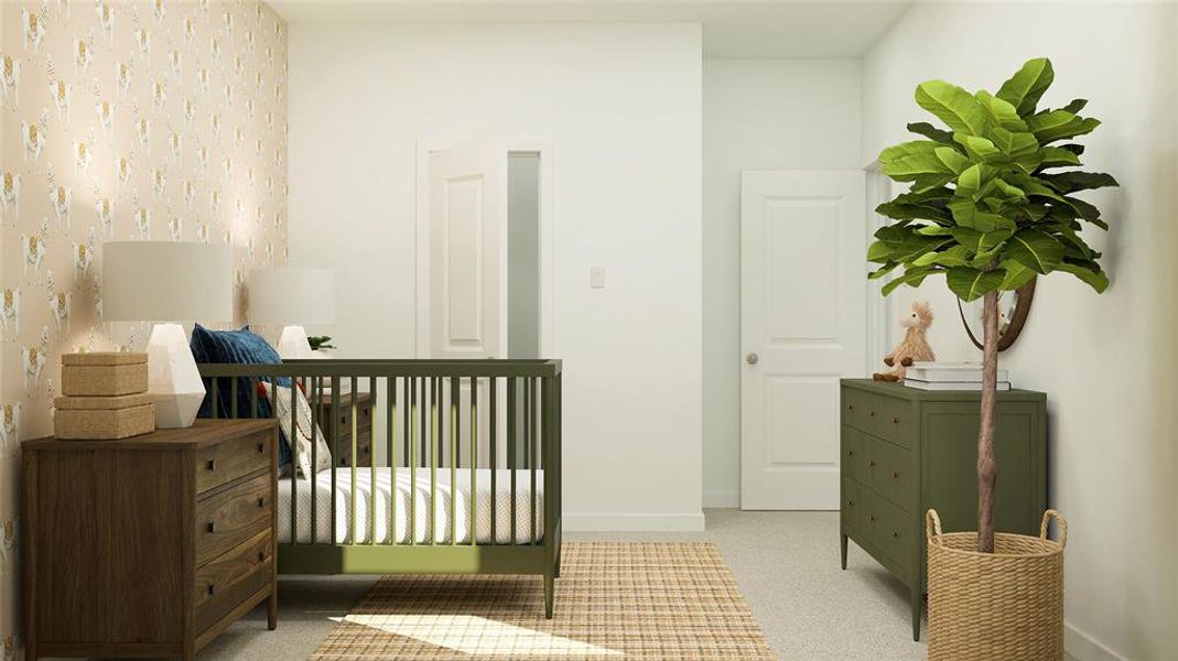 Bedroom featuring light colored carpet and baseboards