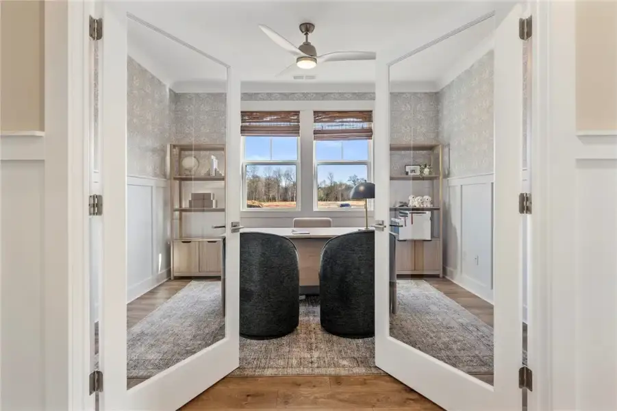 This bright and airy study features ample natural