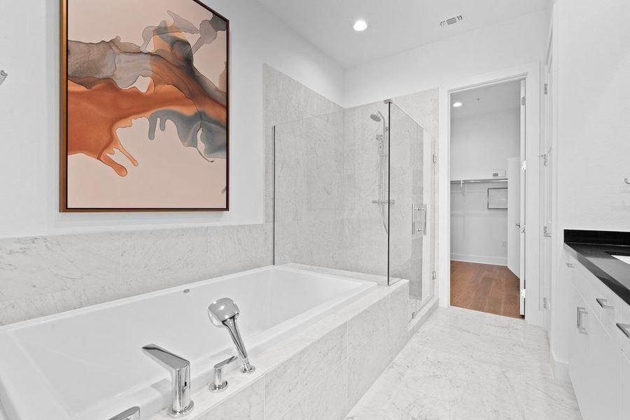 Bathroom with a spacious closet, a stall shower, vanity, a bath, and recessed lighting