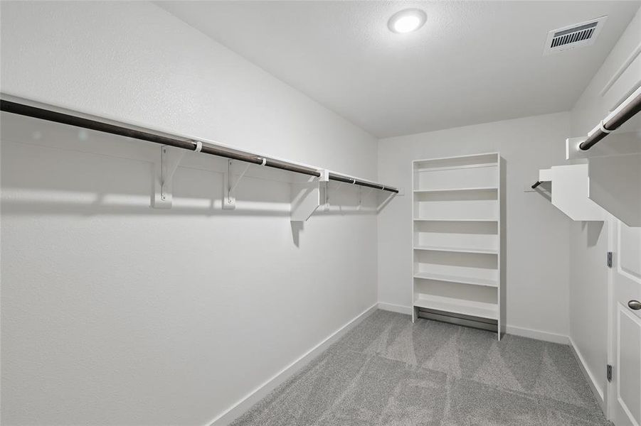 Walk in closet with visible vents and light carpet Walk in closet with visible vents and light carpet