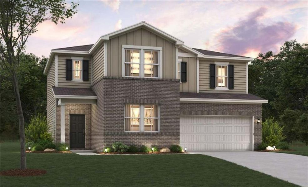 Front exterior of a new home in Kingsley Creek, Lithonia, GA, highlighting curb appeal (Image 1).