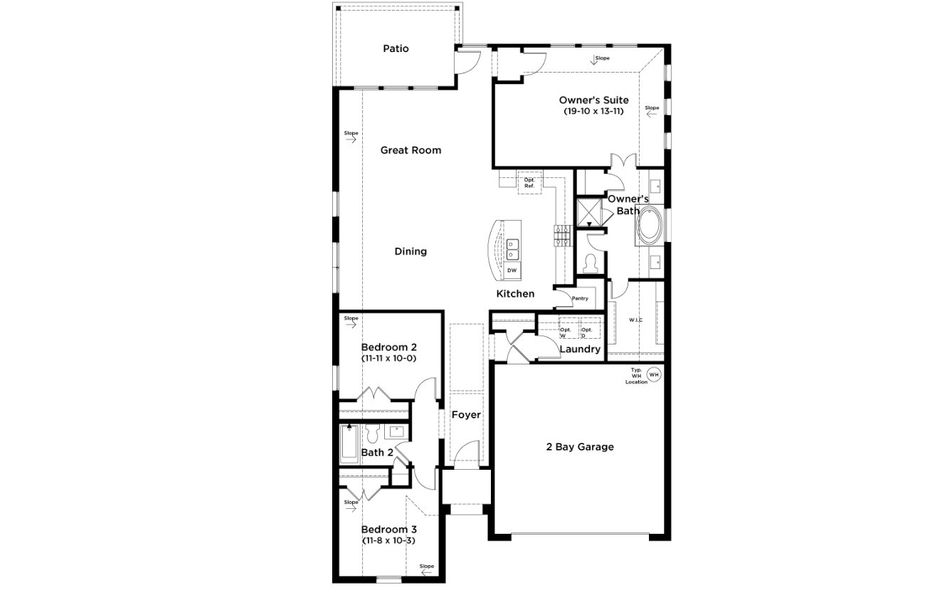2D floor plan layout for the Mahogany by DRB Homes in Infinity Square, Kyle, TX (Image 3).