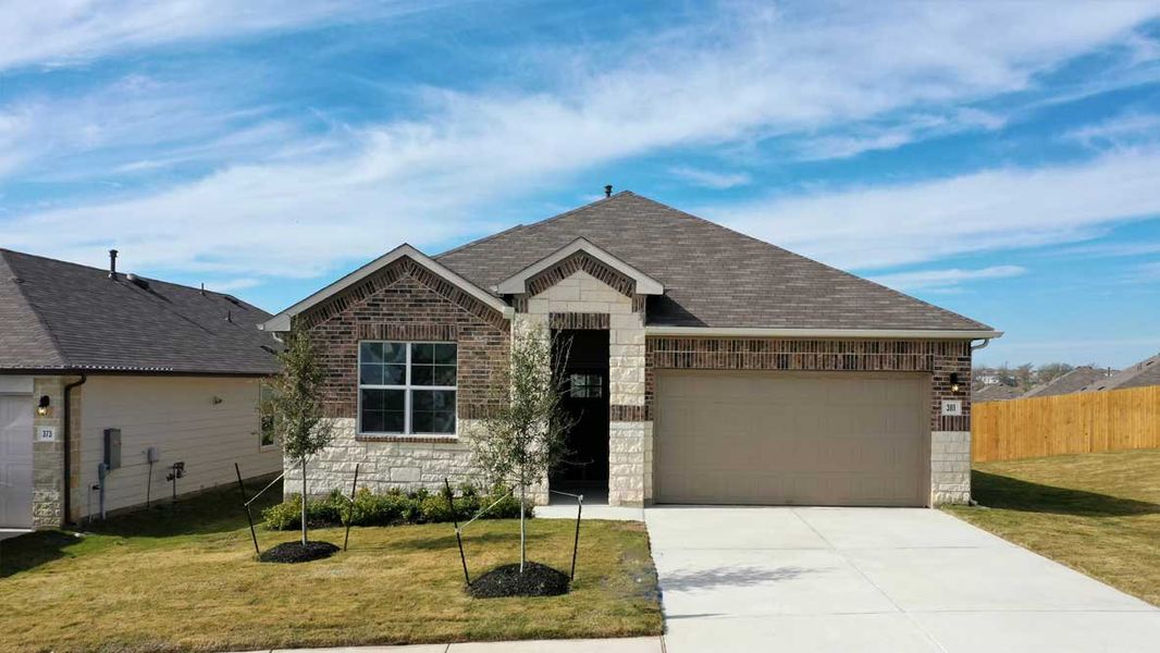 Representative exterior photo of a completed home built from the The Irvine by D.R. Horton in Rosenbusch Ranch, Leander, TX (Image 1).