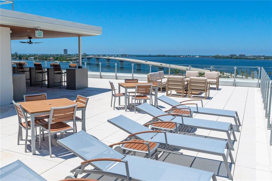 Shared resident balcony on the rooftop with views looking west over Sarasota Bay and the Gulf of Mexico.