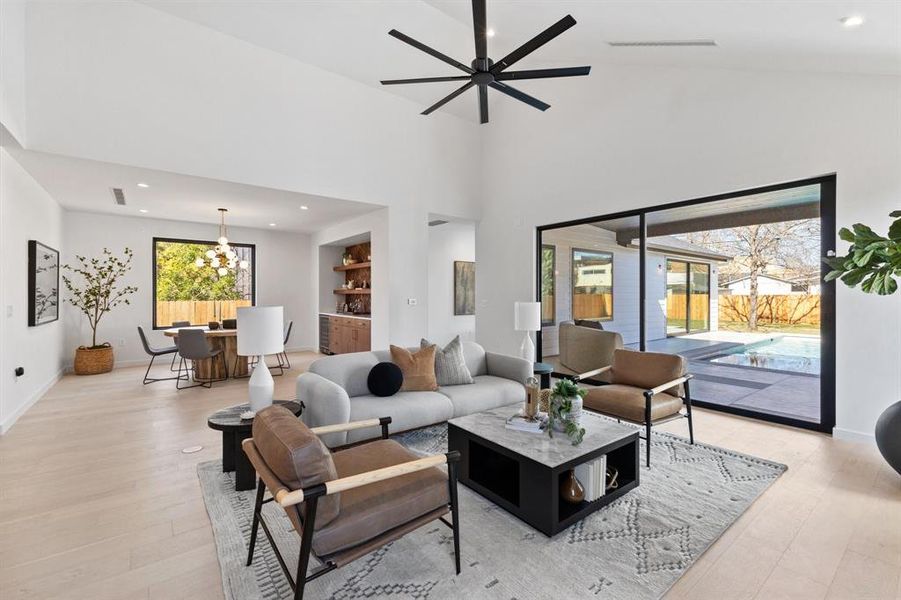 Living room with pool view