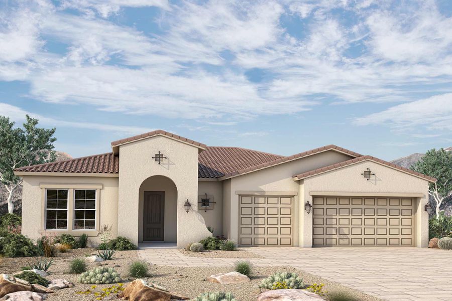 Front exterior of a new home in Canyon Views – 70’ Sunrise Series, Litchfield Park, AZ, highlighting curb appeal (Image 2). Front exterior of a new home in Canyon Views – 70’ Sunrise Series, Litchfield Park, AZ, highlighting curb appeal (Image 2).