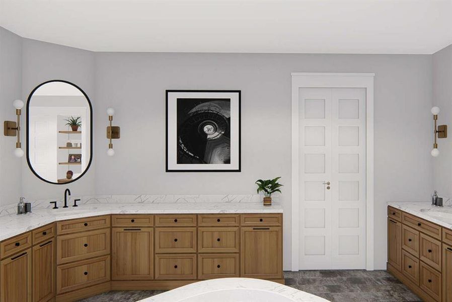 Bathroom with vanity, a soaking tub, and dark stone finish floors