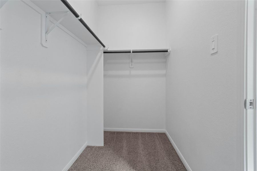 The primary suite features a generous walk-in closet equipped with functional hanging rods and shelving.