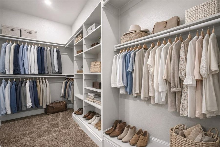 Walk in closet with dark colored carpet Walk in closet with dark colored carpet