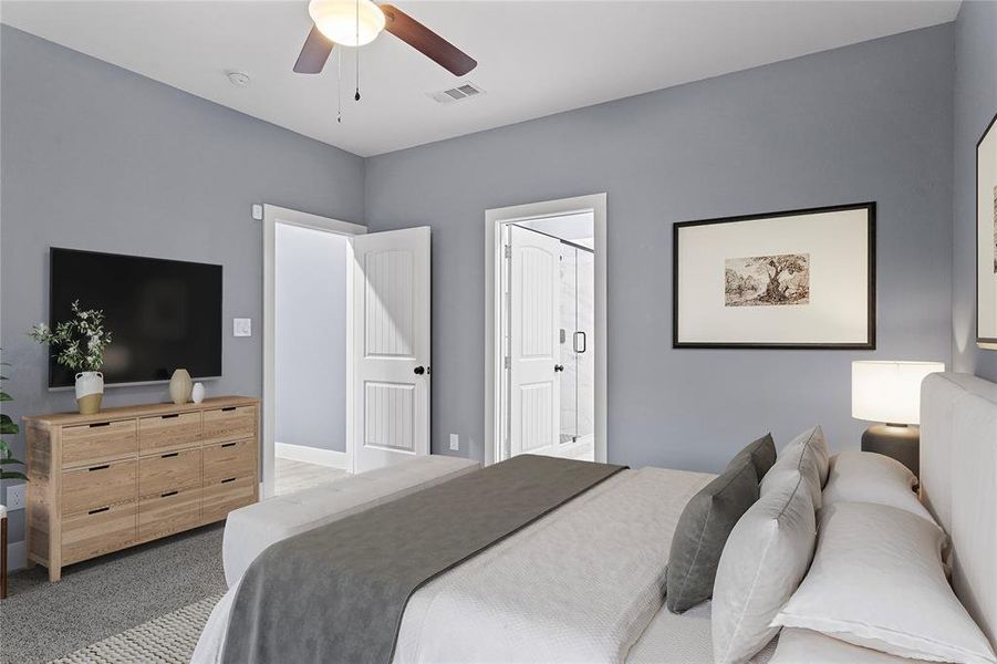 Bedroom with carpet floors and ceiling fan Bedroom with carpet floors and ceiling fan