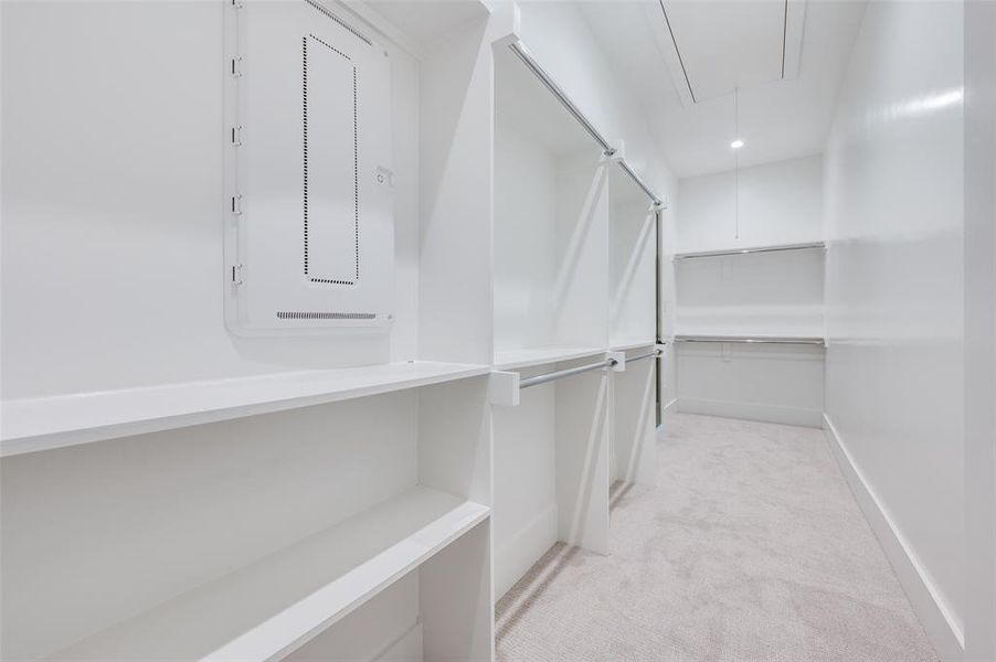 Walk in closet with light carpet