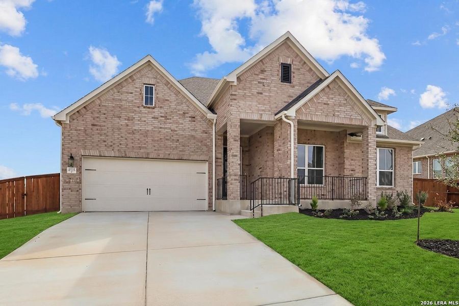Front exterior of a new home in Homestead, Schertz, TX, highlighting curb appeal (Image 26).