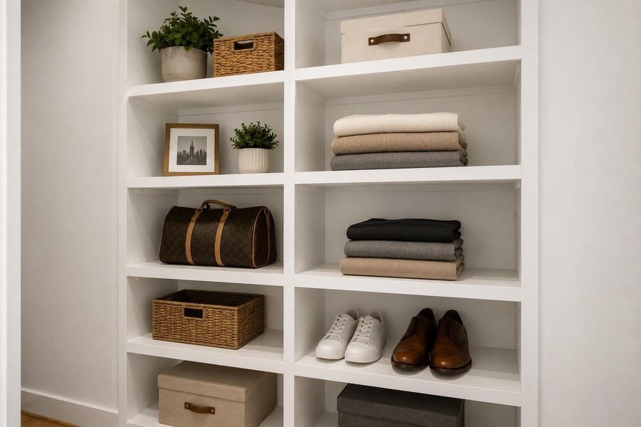 Custom built-in closet and shelving shown with digitally added decor for illustration purposes