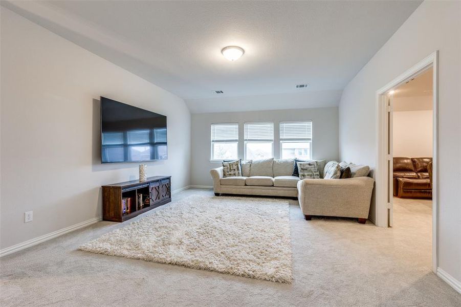 Living room with carpet flooring and lofted ceiling