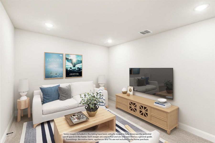 Small living room with white sofa, wood coffee table, wall-mounted TV, and two framed art prints Small living room with white sofa, wood coffee table, wall-mounted TV, and two framed art prints