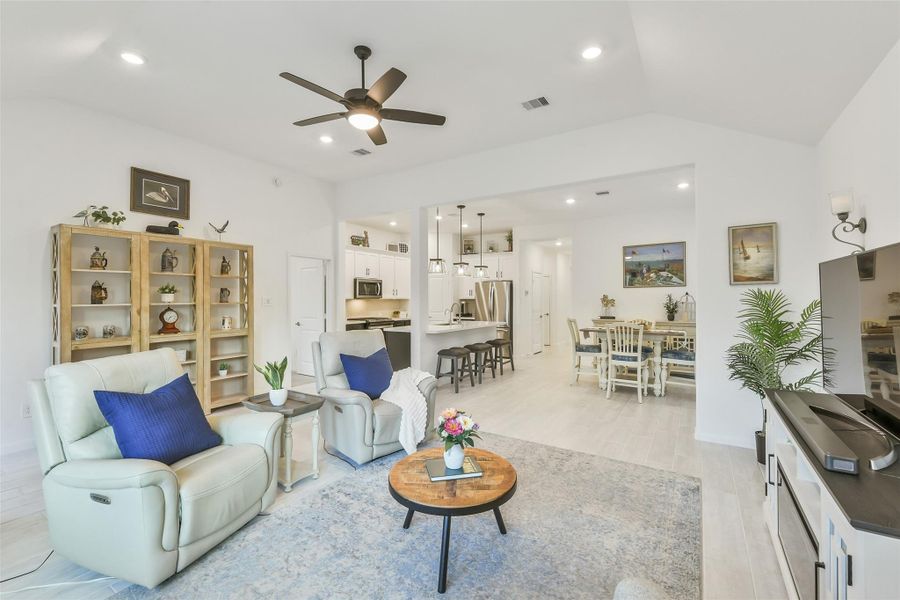 So many possibilities with this family room! A full size sofa or sectional would fit wonderfully.