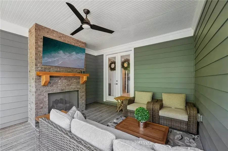 Exterior details and patio area of a home in Lakeside at River Green, Canton (Image 27).