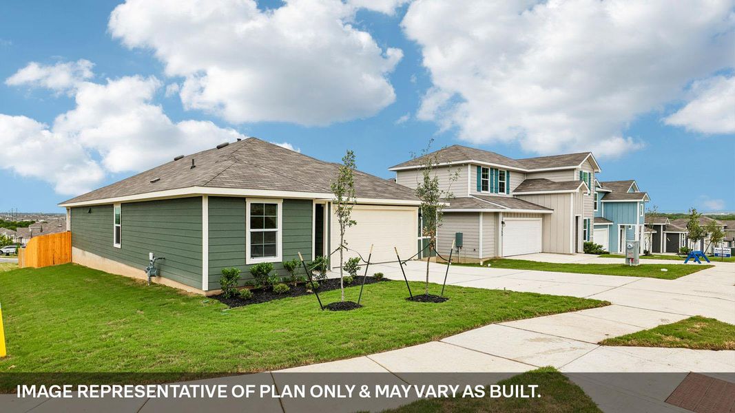 Front exterior of a new home in Talavera, Kyle, TX, highlighting curb appeal (Image 1). Front exterior of a new home in Talavera, Kyle, TX, highlighting curb appeal (Image 1).