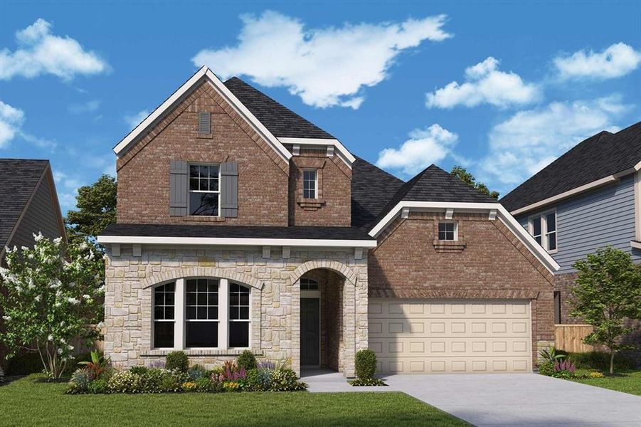 Front exterior of a new home in South Pointe  Cottage Series, Mansfield, TX, highlighting curb appeal (Image 1).