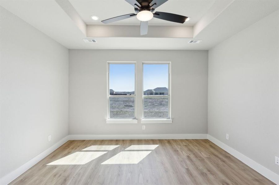 Spare room featuring visible vents, a raised ceiling, baseboards, and wood finished floors