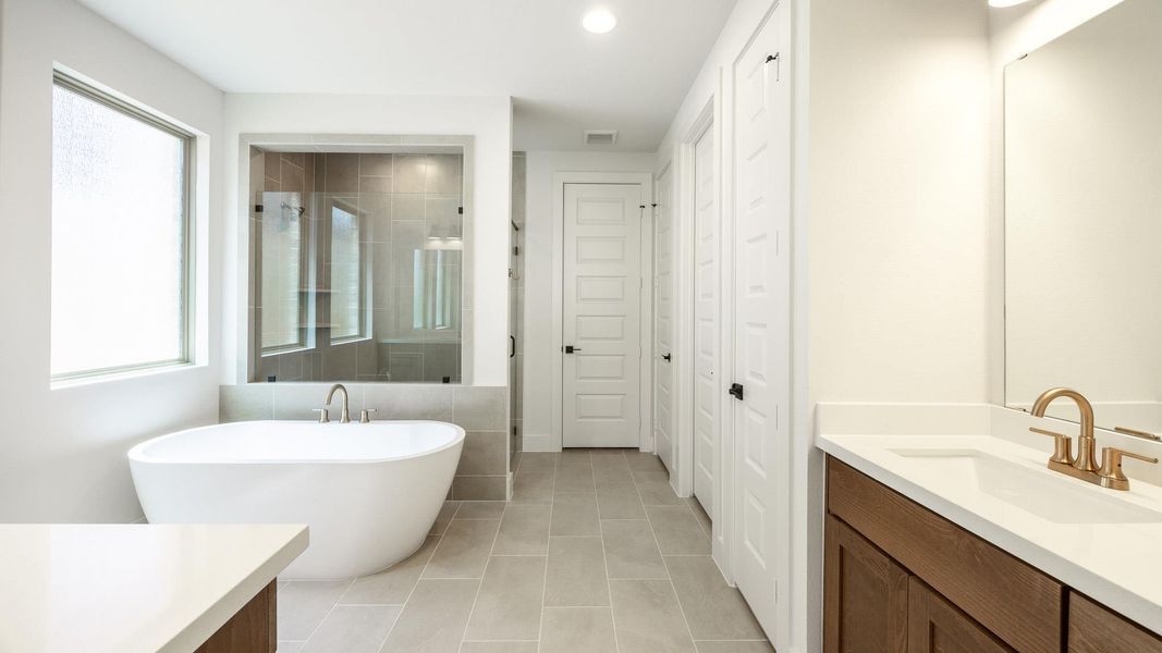 Bathroom with vanity, a closet, tile patterned floors, a soaking tub, and a stall shower