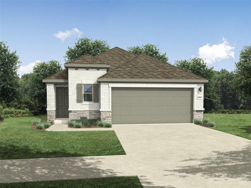 View of front of property with concrete driveway, a front lawn, roof with shingles, and an attached garage