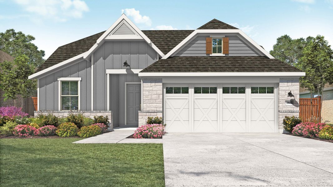 Representative exterior photo of a completed home built from the Palm by DRB Homes in Newhaven, Manor, TX (Image 21). Representative exterior photo of a completed home built from the Palm by DRB Homes in Newhaven, Manor, TX (Image 21).