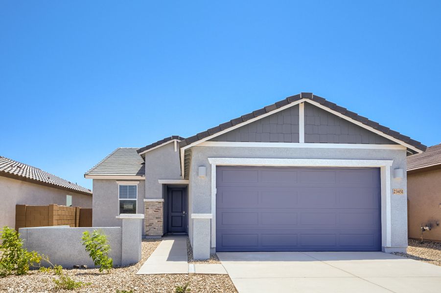 Front exterior of a new home in Ventana Ranch, Buckeye, AZ, highlighting curb appeal (Image 1). Front exterior of a new home in Ventana Ranch, Buckeye, AZ, highlighting curb appeal (Image 1).