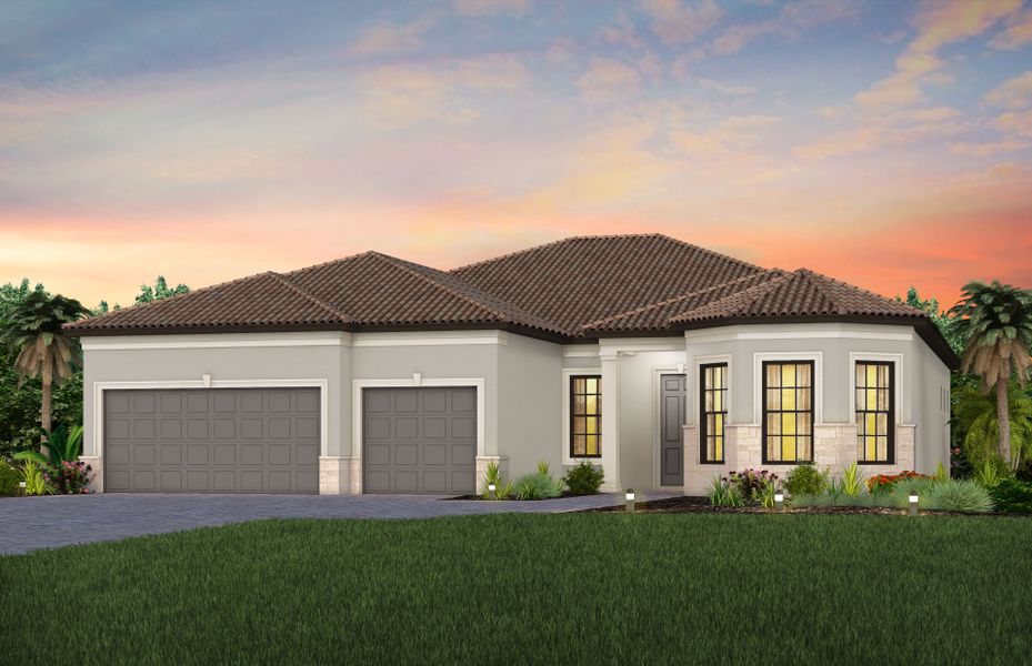 Front exterior of a new home in Talon Preserve on Palmer Ranch, Nokomis, FL, highlighting curb appeal (Image 27).