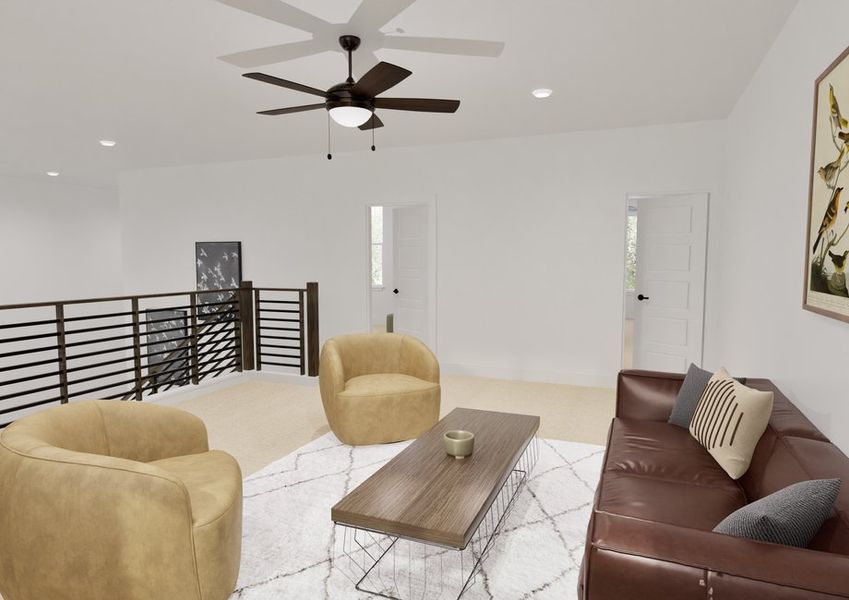 Modern living room with brown leather sofa, two beige armchairs, and wooden coffee table on a white rug. Ceiling fan above and bird artwork on wall.