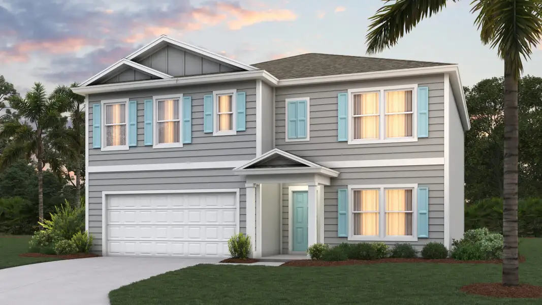 Front exterior of a new home in Sawmill Branch, Palm Coast, FL, highlighting curb appeal (Image 1). Front exterior of a new home in Sawmill Branch, Palm Coast, FL, highlighting curb appeal (Image 1).