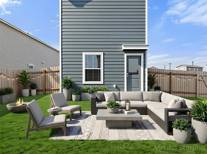 Virtually Staged Fenced backyard featuring an outdoor living space with a fire pit