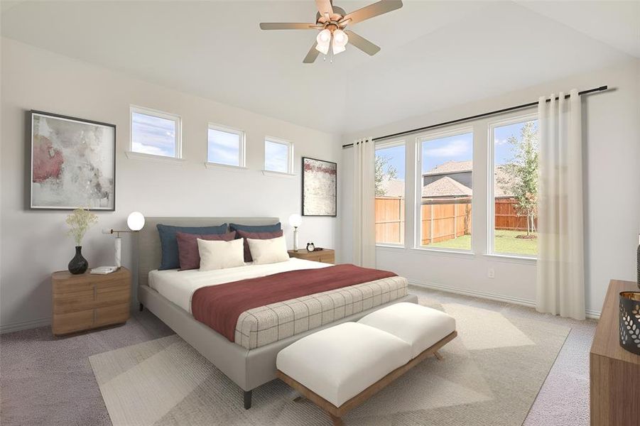 Bedroom featuring ceiling fan and light carpet