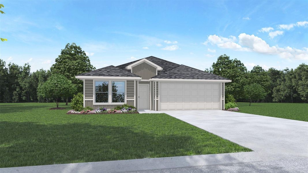 Front exterior of a new home in Presswoods, Splendora, TX, highlighting curb appeal (Image 1). Front exterior of a new home in Presswoods, Splendora, TX, highlighting curb appeal (Image 1).