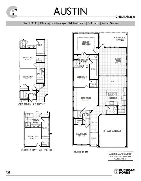 2D floor plan layout for the Austin by Chesmar Homes in New Haven, Manor, TX (Image 3).